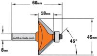 Fraise à chanfreiner CMT - Angle 45° - Hauteur 18 mm - Queue de 8 mm avec roulement