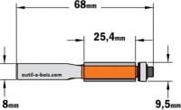 Fraise à Affleurer CMT - Diamètre 9.5 mm -  Hauteur 25.4 mm - Queue de 8 mm avec roulement