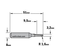 Fraise à gorge CMT - Rayon 1,6 mm - Queue de 8 mm