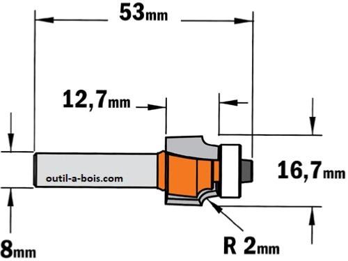 Fraise à arrondir R2,8 (Z=2) queue 8mm - Ø15mm - Tendotools