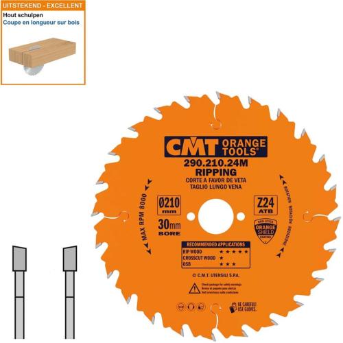 Lame circulaire CMT pour coupes en longueur pour portatives  - Diamètre 210mm - Alésage 30mm - 24 dents alternées - Ep 2,8/1,8 - CMT Orange tools