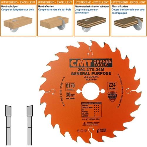 Lame circulaire CMT pour coupes transversales pour portatives - Diamètre 170mm - Alésage 30mm - 24 dents alternées - Ep 2,6/1,6 - CMT Orange tools
