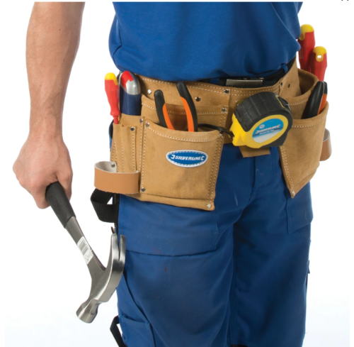 Double ceinture-sacoche en daim à outils/clous, 11 poches