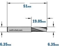 Fraise à Défoncer CMT Hélicoïdale POSITIVE 1 Coupe - Diamètre 6,35 mm -  Hauteur 19 mm - Queue de 6,35 mm