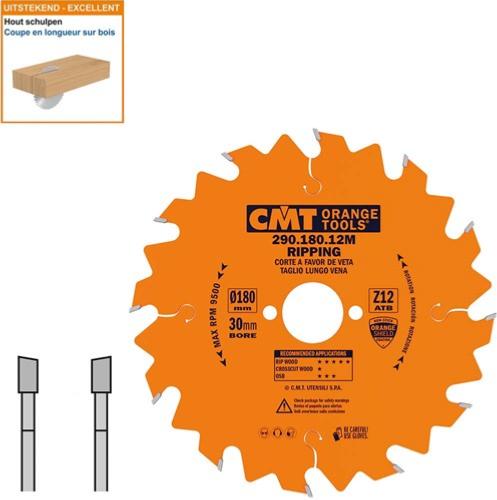 Lame circulaire CMT pour coupes en longueur pour portatives  - Diamètre 180mm - Alésage 30mm - 12 dents alternées - Ep 2,6/1,6 - CMT Orange tools