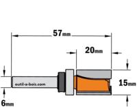 Fraise à Défoncer Carbure CMT - Diamètre 15 mm -  Hauteur 20 mm - Queue de 6 mm avec roulement