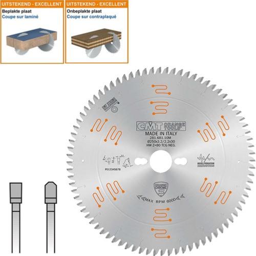 Lame circulaire XTREME CMT pour mélaminés et agglomérés - Diamètre 250mm - 80 dents négatives - Alésage 30mm - Ep 3,2/2,2 - CMT Orange tools