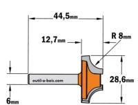 Fraise CMT pour quart de rond (sans roulement) - Rayon 8mm - queue de 6mm