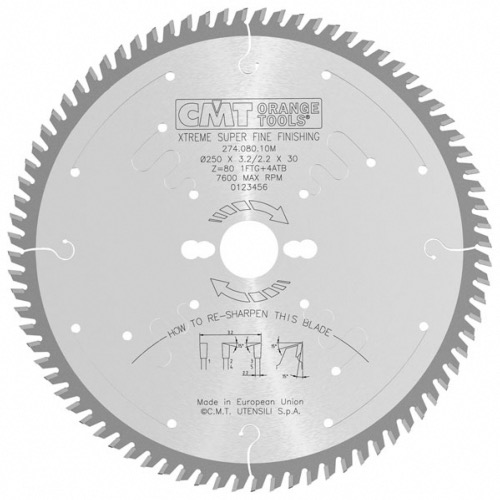 Lame circulaire CMT pour coupes de précision  - Diamètre 250mm - Alésage 30mm - 80 dents alternées - Ep 3,2/2,2 - CMT Orange tools